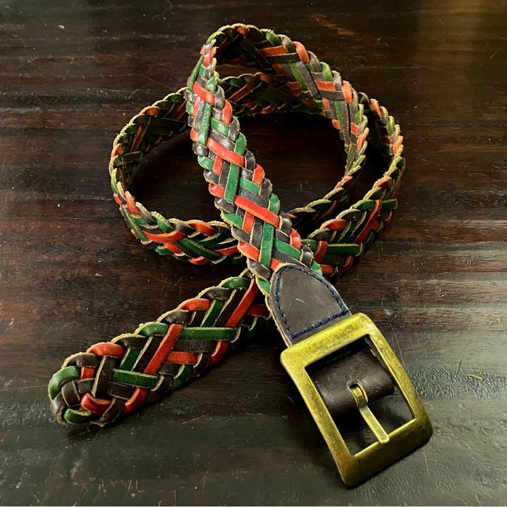Guatemalan multicolored braided leather belt with brass buckle